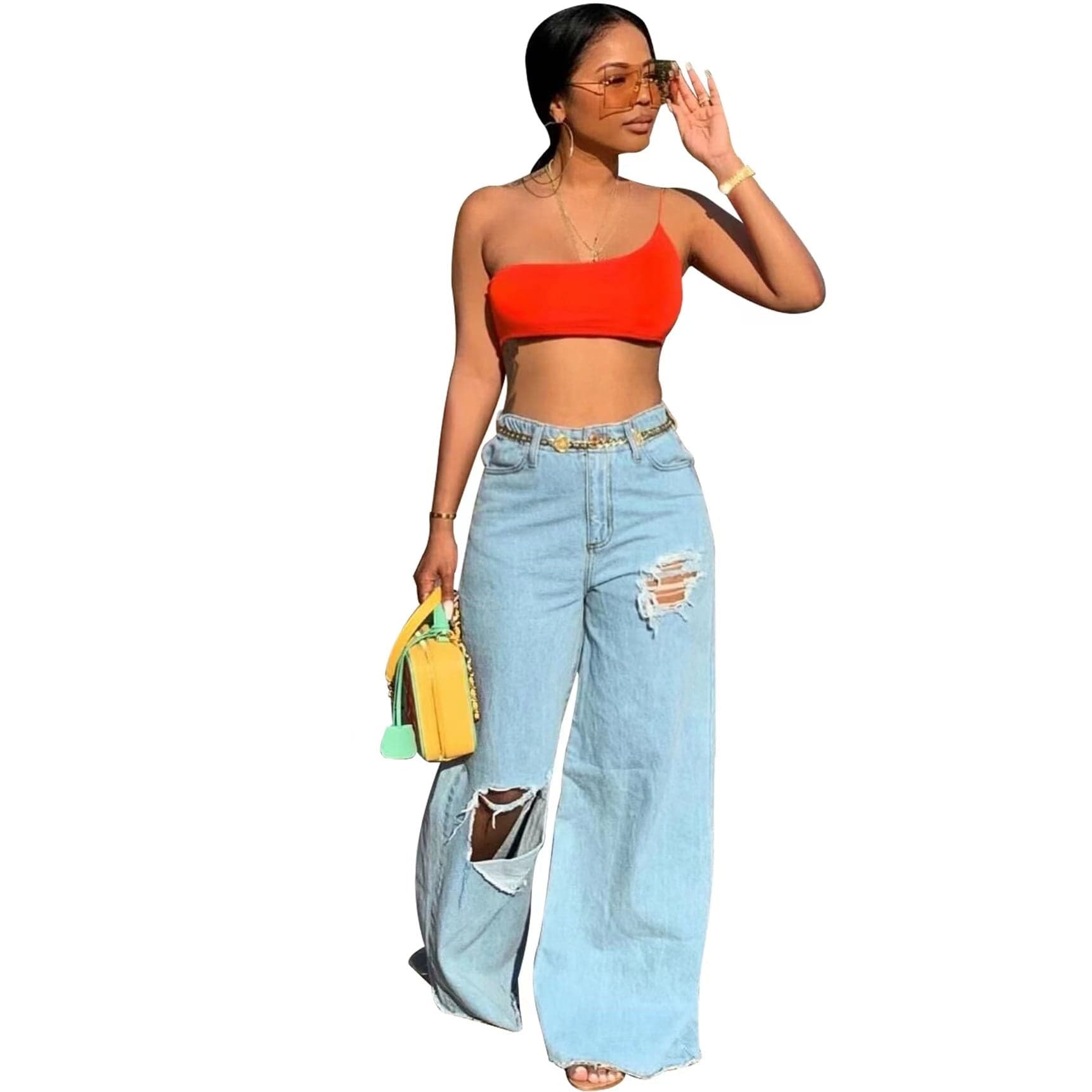 M / Light Blue Hot Sale High Waist Irregularity Ripped Jeans Women Wide Leg Pants Popular Denim Jeans