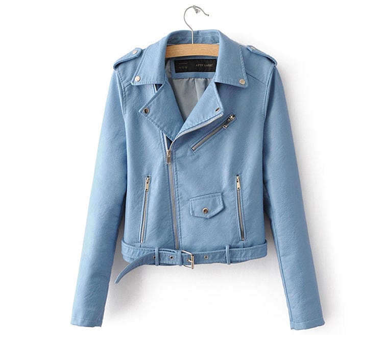 M / Light Blue TX Autumn and winter coat slim Pu leather short zipper leather jacket leather jacket women