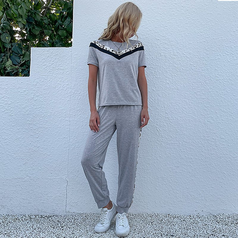 M / Light gray Women Two Piece Sports Suit Short Sleeve Tops Long Pants Stitching Colours Set