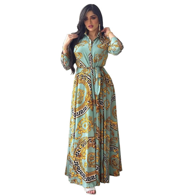 M / Light Green Hot Selling Golden Floral Dubai Abaya with Belt Long Sleeve Islamic Clothing Modest Evening Party Print Maxi Women Muslim Dress