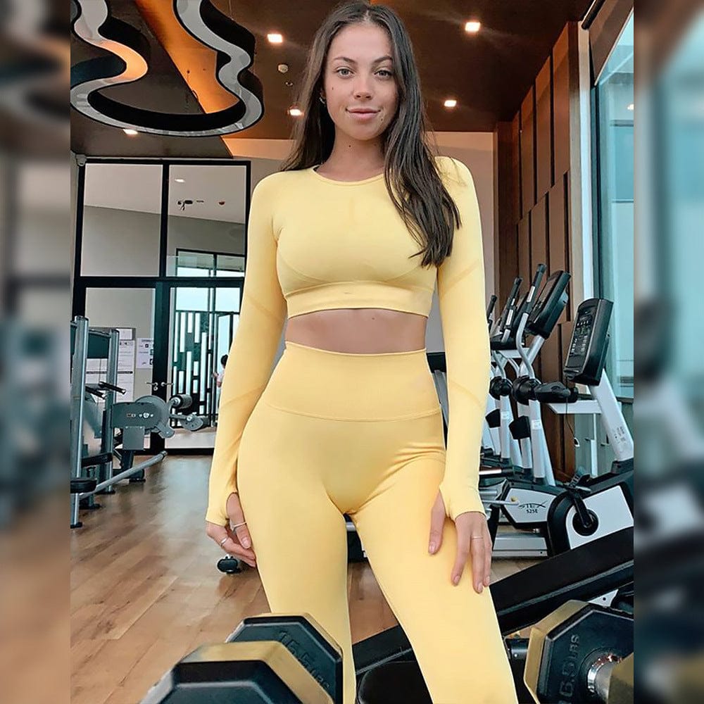 M / light yellow Women's seamless Long Sleeve Crop Top  running fitness Yoga sportswear