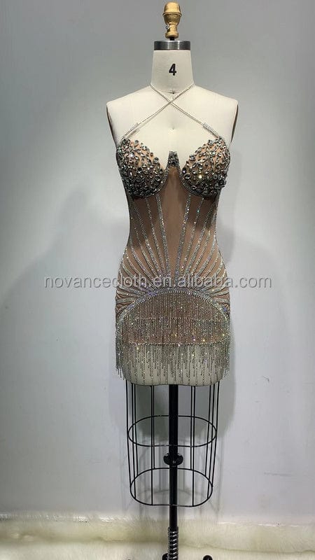 M / nude NOVANCE F3068 New Technology Products Sparkling Diamonds Tassel Sexy Costumes Ladies Dress Mini Dress For Evening Birthday Party