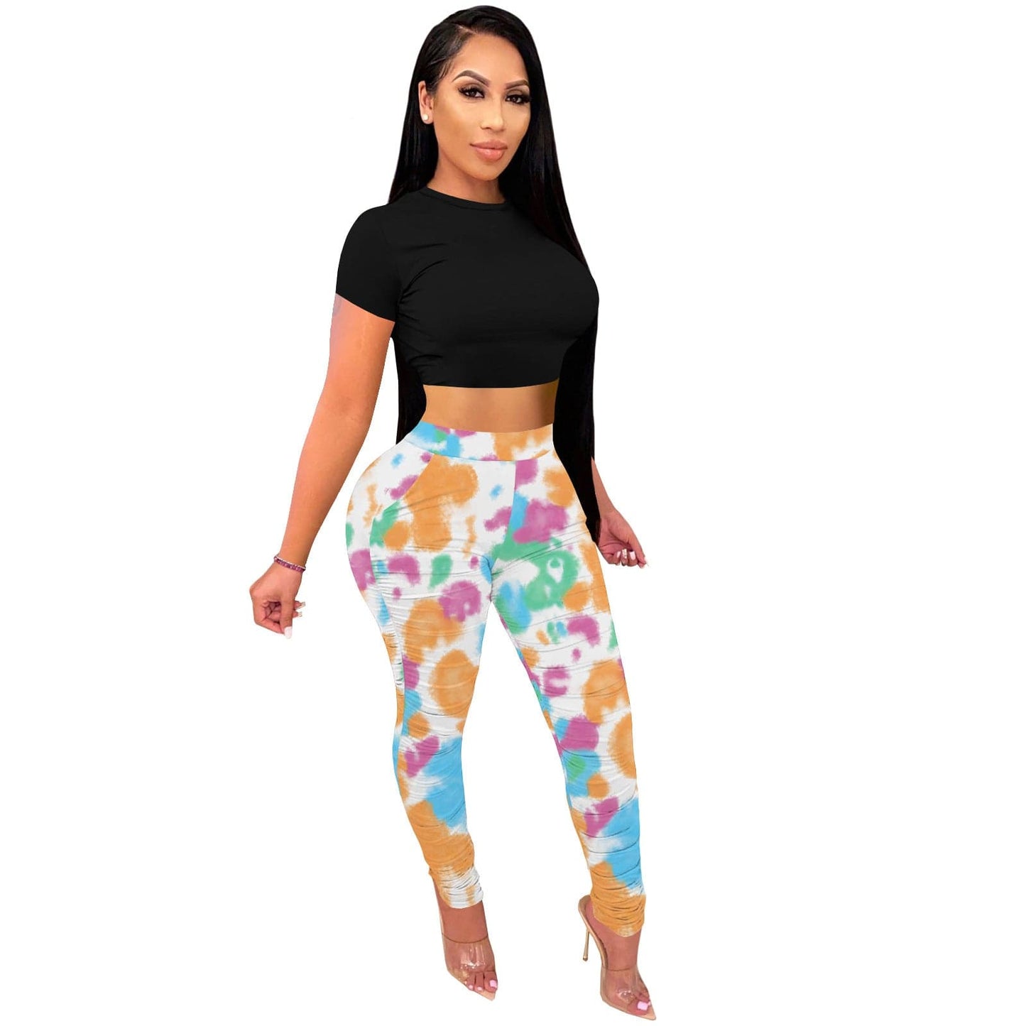 M / Orange C1103TA77 New Design Casual Tie Dye High Waist Bodycon Pants & Trousers Women Sehe Fashion