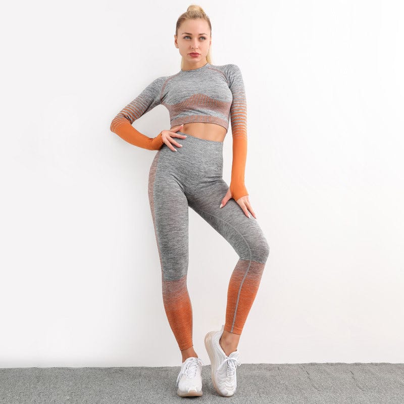 M / Orange New Stripe Long Sleeve Seamless Knit Butt Lift Mesh High Waist Yoga Set Woman