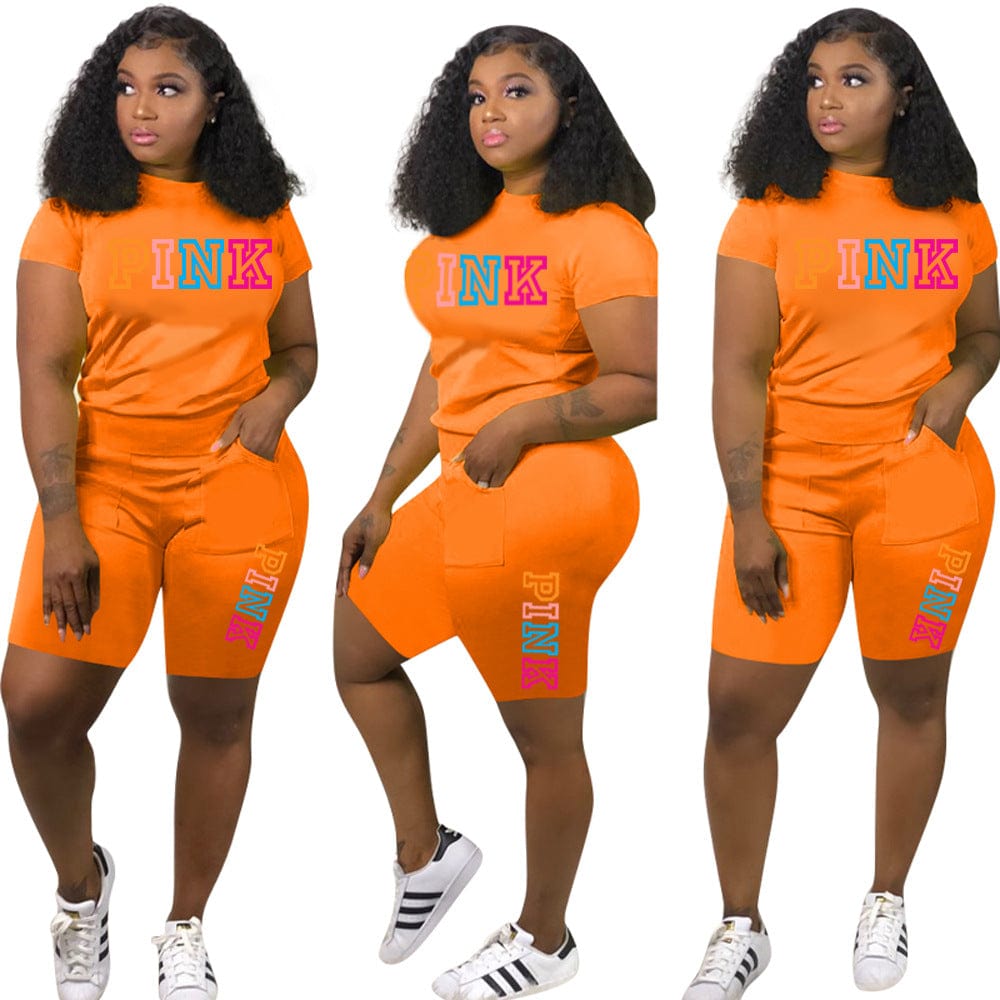 M / Orange Z104475 Summer women's two piece 2022 Casual Letter Print t-shirts shorts two piece set