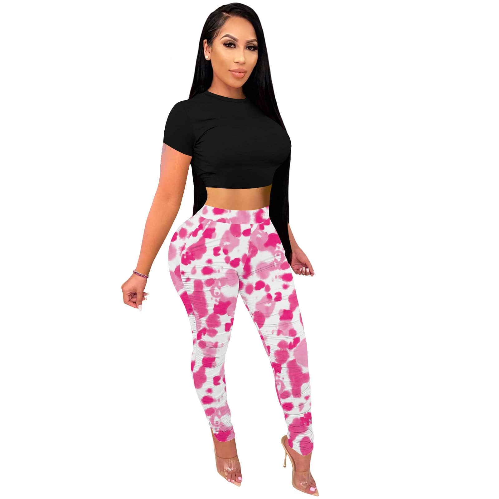 M / Pink C1103TA77 New Design Casual Tie Dye High Waist Bodycon Pants & Trousers Women Sehe Fashion