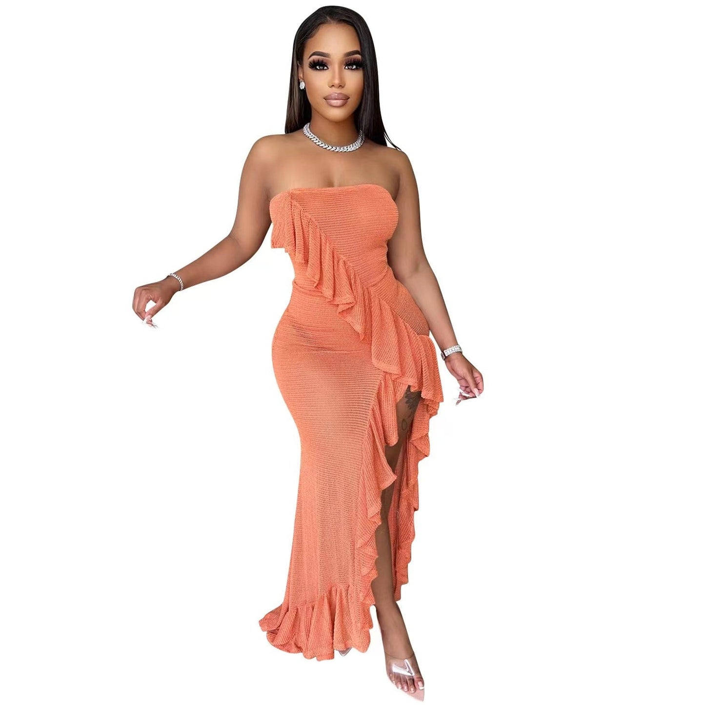 M / Pink J&H new arrivals 2023 sexy strapless ruffled club party dress elegance women asymmetric fashion high slit party gowns