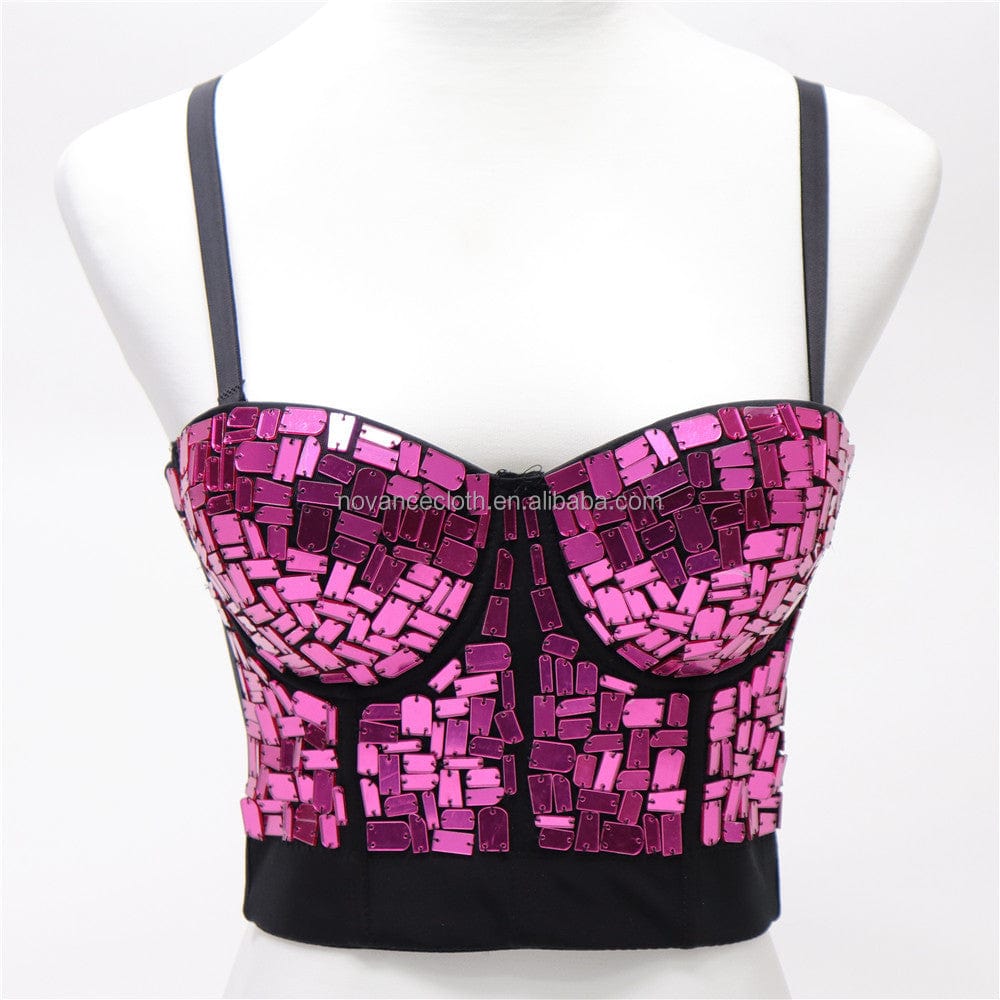 M / Pink NOVANCE hot items 2022 hot sling sparking pink sequins sexy women vest under wear fishbone Prom sexy women bra outwear