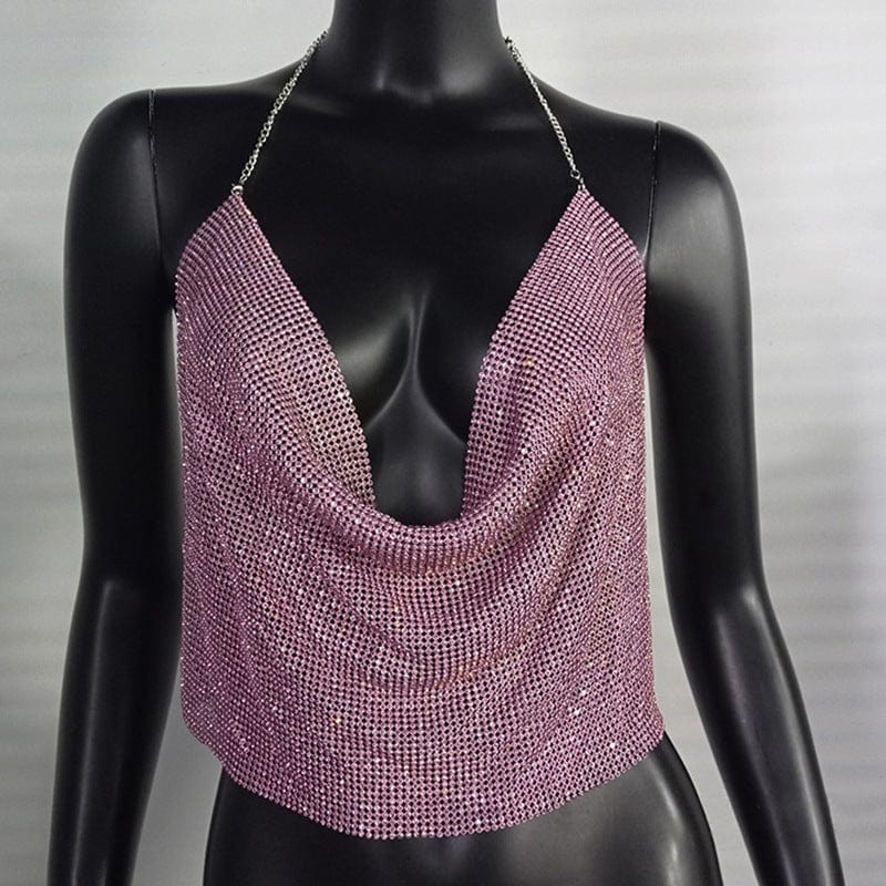 M / Pink SHIHAN 2023 Fashion Solid Backless Straps Full Diamonds Sequins Cami Cropped Top for Women Bling Rhinestones Party Crop Top