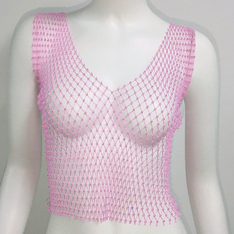 M / Pink-V neck SHIHAN Women's Fishnet Rhinestone Crop Top 2023 Summer Sexy Mesh High Elastic Black White Shirt Net See Through Diamond Tank Top