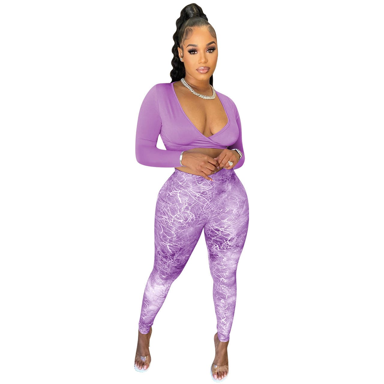 M / Purple C1101TA90 Dropshipping Sexy V Neck Lace Up Crop Top Print Bodycon 2 Piece Set Women Sehe Fashion