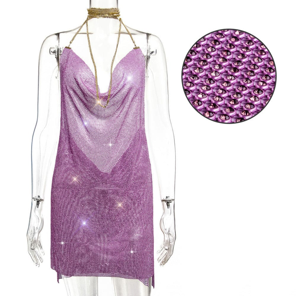 M / Purple LH627-1 2022 Ladies Fashion Suspender Dress Casual Metal Sequins Mesh Night Club Wear Women Fashion Midi Sexy Dresses