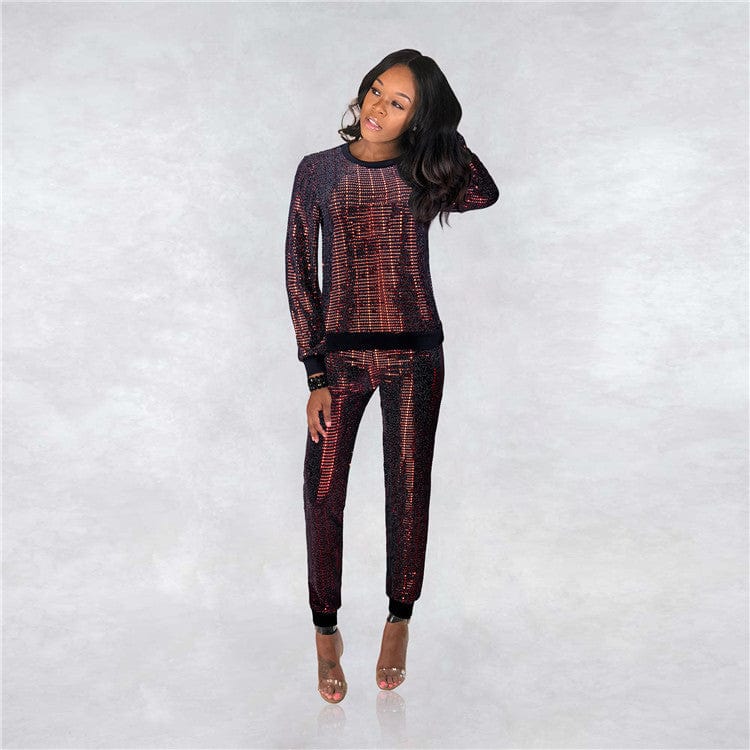 M / Red Fall Spring 2023 Womens Clothing Fashion Sequin Two Piece Set Women Tracksuit Sexy Full Sleeve O-neck Top Long Pants Suit