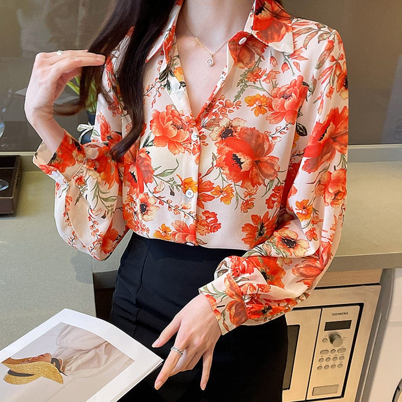 M / Red New Chic Ladies Shirts Fashion Red Floral Printing Women Blouses 2022 Spring Autumn Causal Long Sleeve Blouses Mujer Blusas