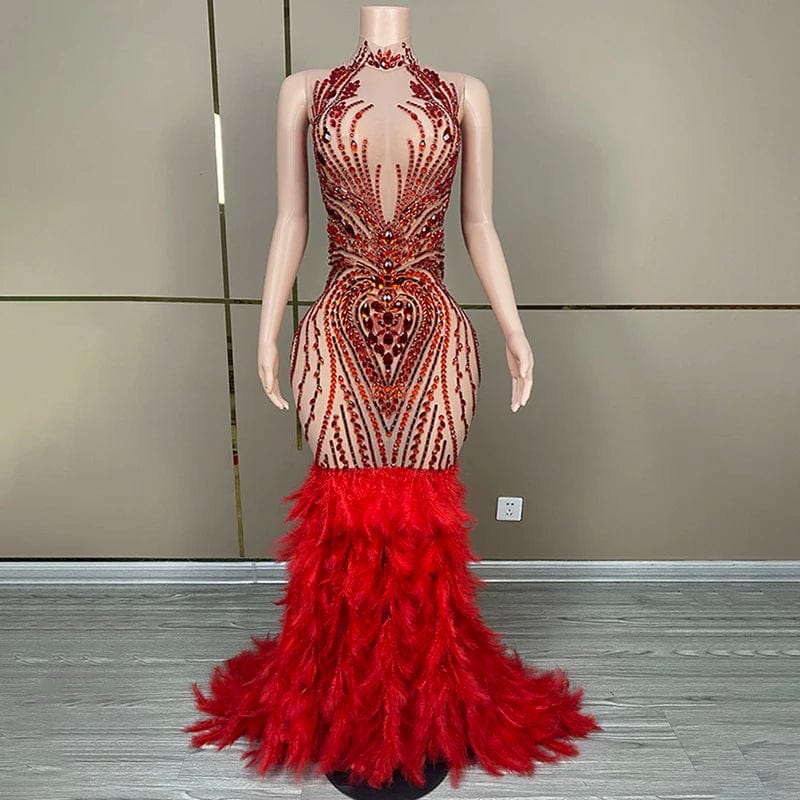 M / Red Novance Y3586 trending clothes 2024 new arrivals cocktail prom evening dresses red feather trim dress long sleeve high neck