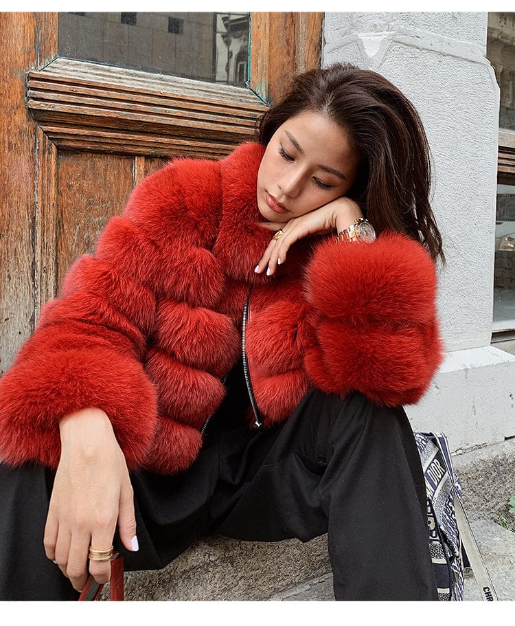 M / Red QIUCHEN QC20045  Fashion Russian Winter Warm Fluffy Jacket Women Winter Cropped Real Pink Fox Fur Coats