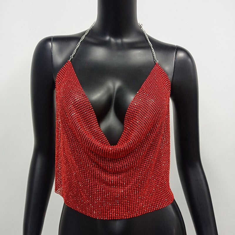 M / Red SHIHAN 2023 Fashion Solid Backless Straps Full Diamonds Sequins Cami Cropped Top for Women Bling Rhinestones Party Crop Top