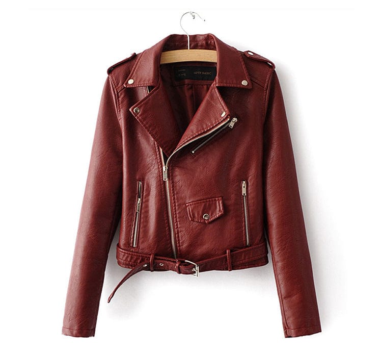 M / Red TX Autumn and winter coat slim Pu leather short zipper leather jacket leather jacket women