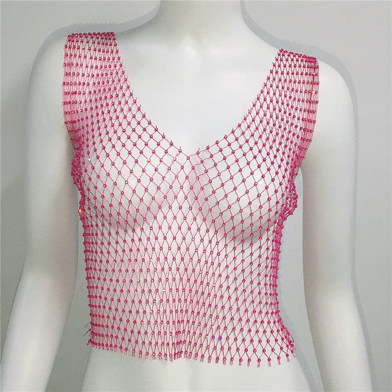 M / Rose red-V neck SHIHAN Women's Fishnet Rhinestone Crop Top 2023 Summer Sexy Mesh High Elastic Black White Shirt Net See Through Diamond Tank Top