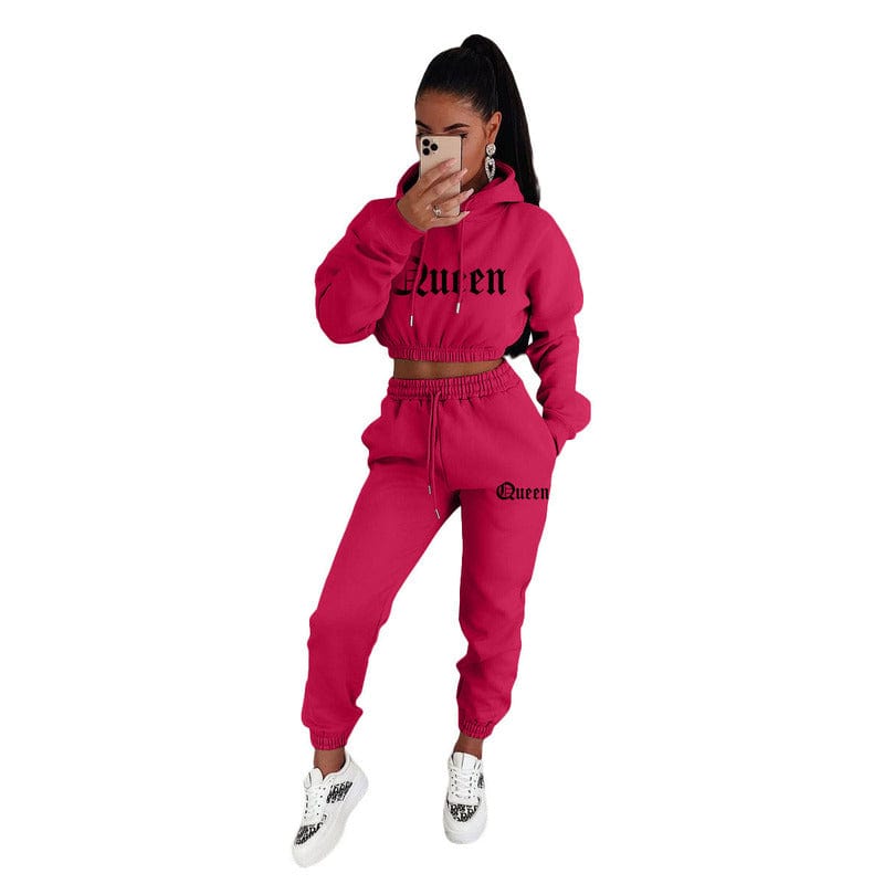 M / Rose Red Z70796 Fall Fashion Letter Print Hooded Crop top women Casual two piece sweatpants set