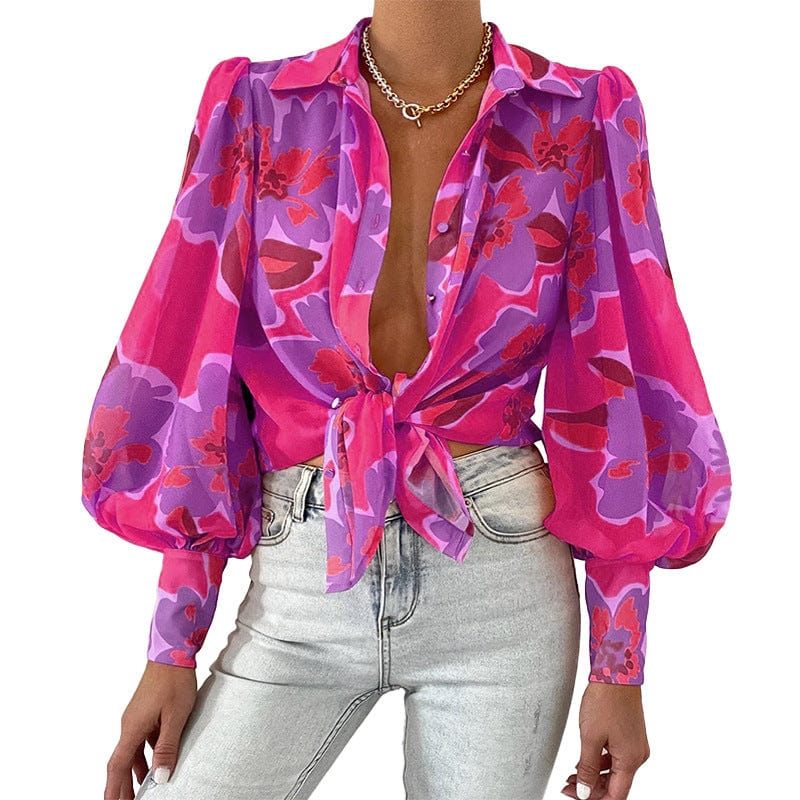 M / rose red ZL1983 Hot Sale Cardigan Loose Puff Sleeve Printed Blouse For Women Shirts Blouses And Tops Fashionable Summer Shirt 2022