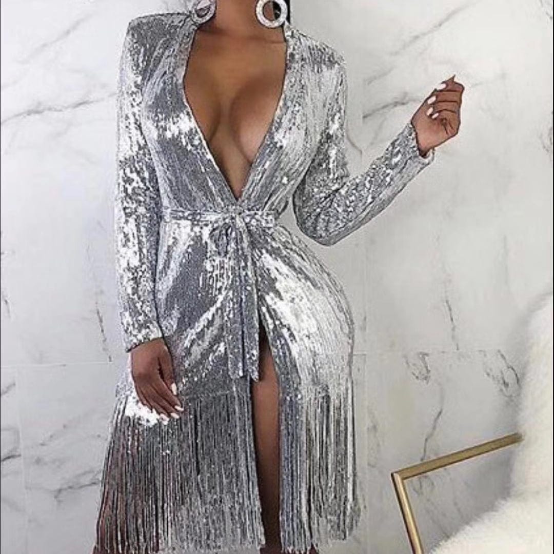 M / silver A2617 Christmas Hot Sell Tassel Sequin Boutique Dress Wholesale Instock