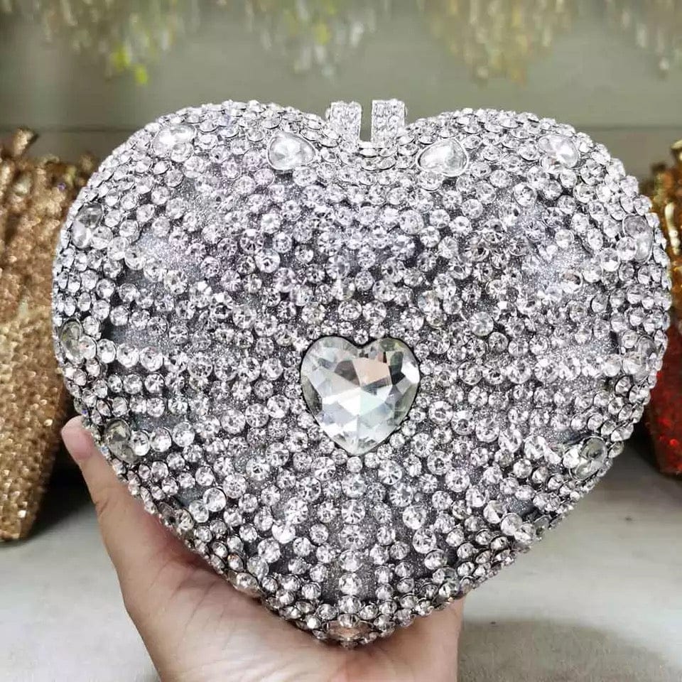 M / Silver Newest Designer Rhinestone Heart Bags Luxury Female Evening Handbag Handmade Wedding Purse Crystal Clutch