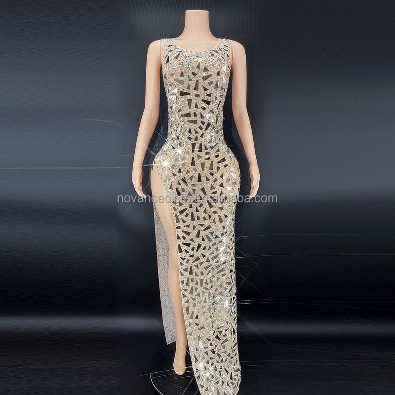 M / silver NOVANCE Y2125-B summer 2023 elegant Sexy High Slit Sleeveless sparkling Mirror Sequins maxi party dress evening dresses