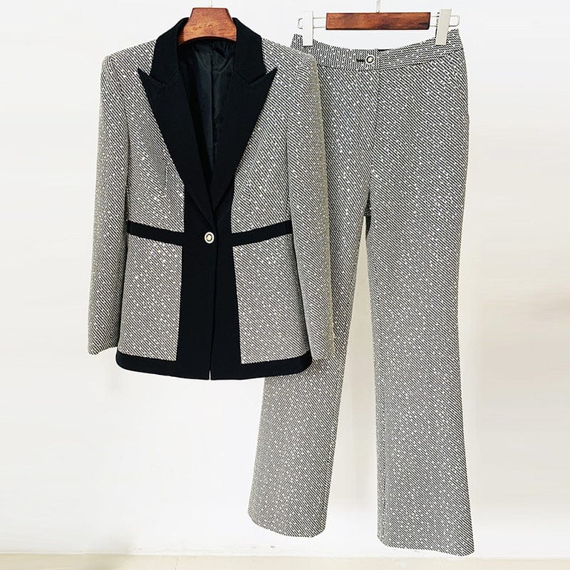 M / Silver OUDINA Good Quality Plaid Sequin Womens Coat Suits And Blazer Trousers Two Piece Pants Blazers For Women Suit