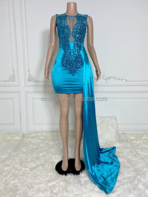 M / TH2022121309 Blue Ocstrade In Stock Ladies Birthday Dresses Beaded Evening Dresses Side Hem Shiny Fishnet Rhinestone Bodice Party Club Dress Sexy