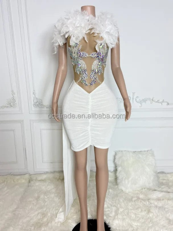 M / TH23071301 white Ocstrade IN Stock Velvet Long Hem  Blue Feather Rhinestone Birthday Party Dresses Sexy Mini Club Dress