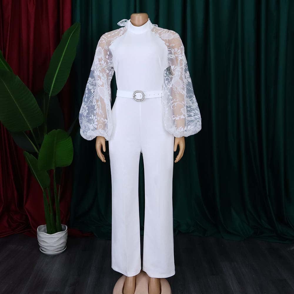 M / White Fall Trendy Floral See Trought Waist Belt Bow Women Factory Jumpsuits