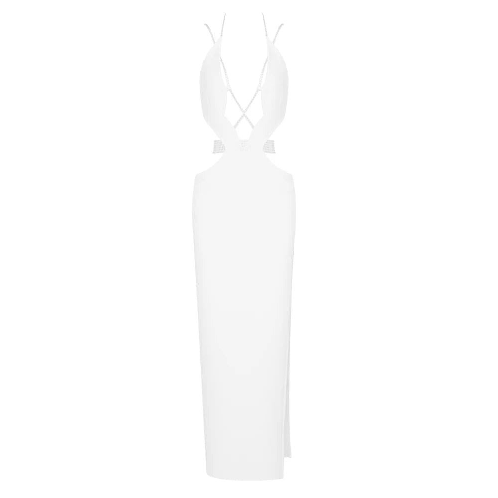 M / White New Women's Clothes White Sexy Hollow Out Sleeveless Halter dress Diamonds Party Bandage Evening Dresses