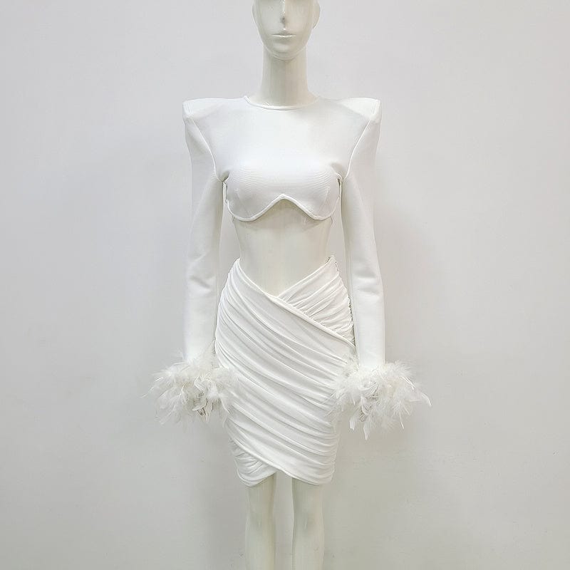 M / White NOVANCE best selling product 2024 feather cuff two pcs set white dress sexy short dinner dress for evening party cocktail club