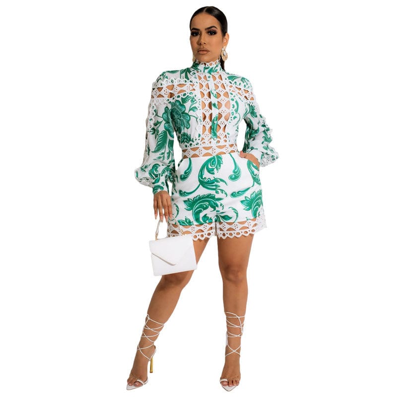 M / White Z105720 Wholesale Women Print Playsuits Turtleneck Collar Casual ladies Hollowed Out long sleeves Jumpsuit