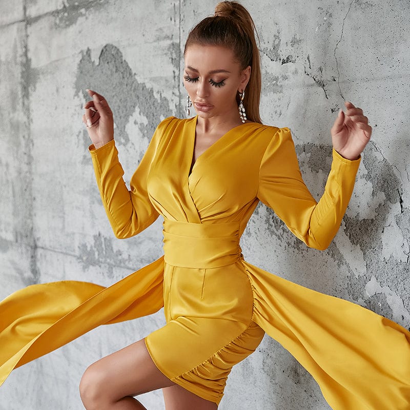 M / Yellow D&M Stock RTS Double Crazy Puff Sleeve Side Draped Ruched Satin Bodycon Dress