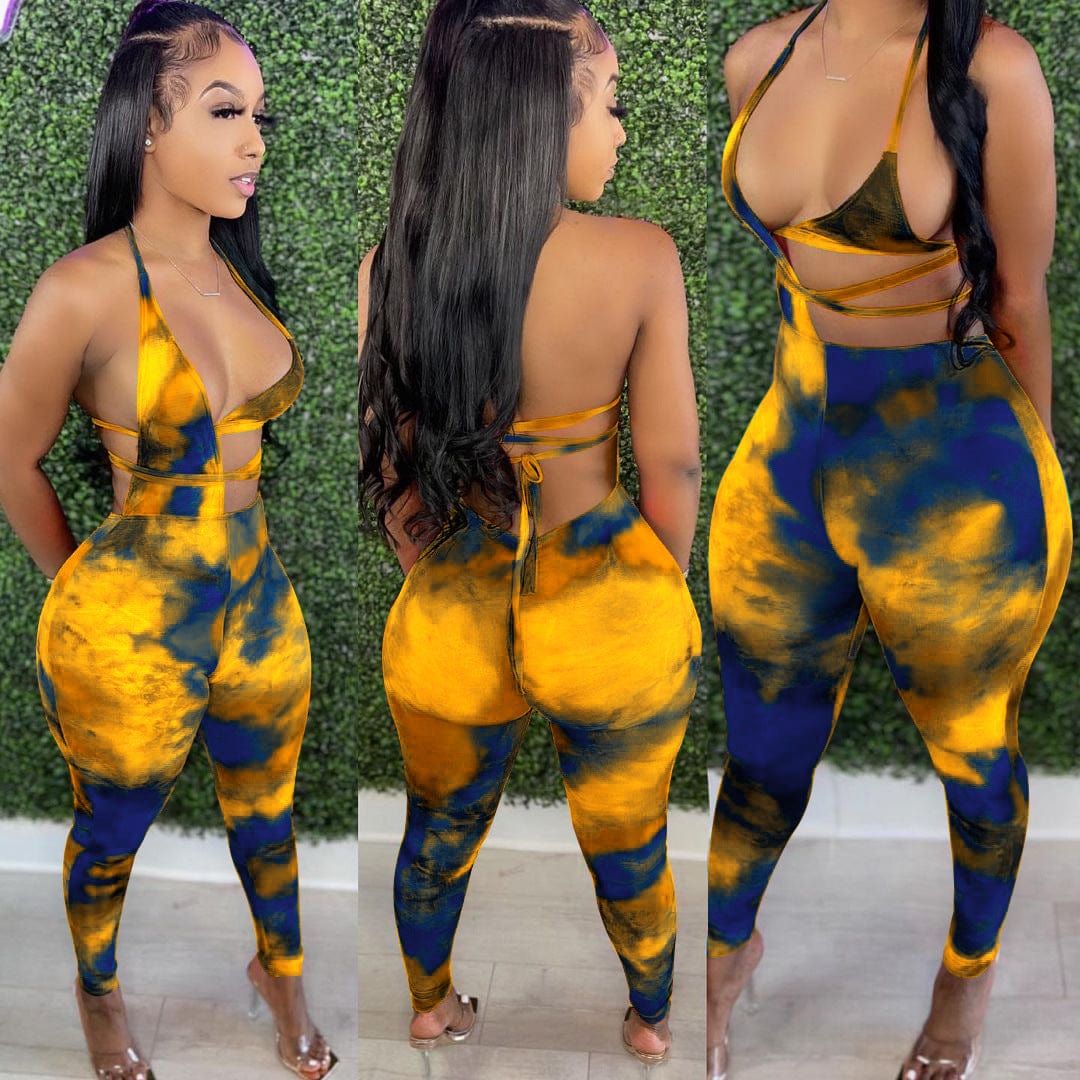 M / Yellow Hollow out sexy halter bikini top pants club wear printed bodycon summer outfit womans clothing 2 piece two piece set