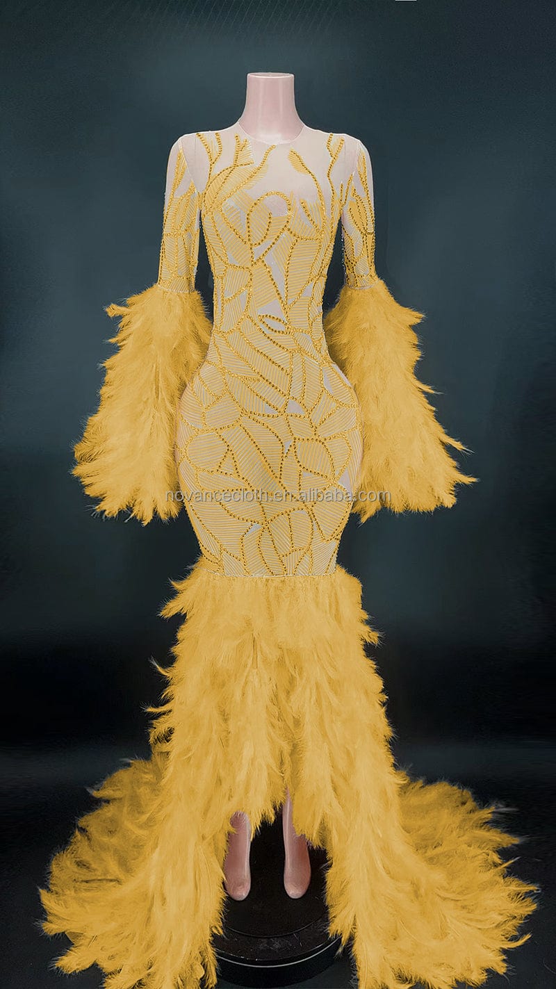 M / Yellow NOCANCE Y2682 happy new year 2023 shiny diamonds orange feathers elegant evening gown cocktail dresses for prom party