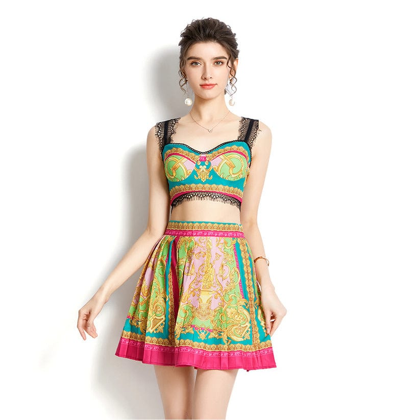 M / Yellow OUDINA New Women Print Pleated Lace Crop Top And Skirt Two Piece Set Outfits Skirt 2 Piece Skirt Sets