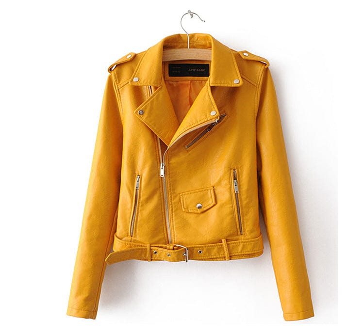 M / Yellow TX Autumn and winter coat slim Pu leather short zipper leather jacket leather jacket women