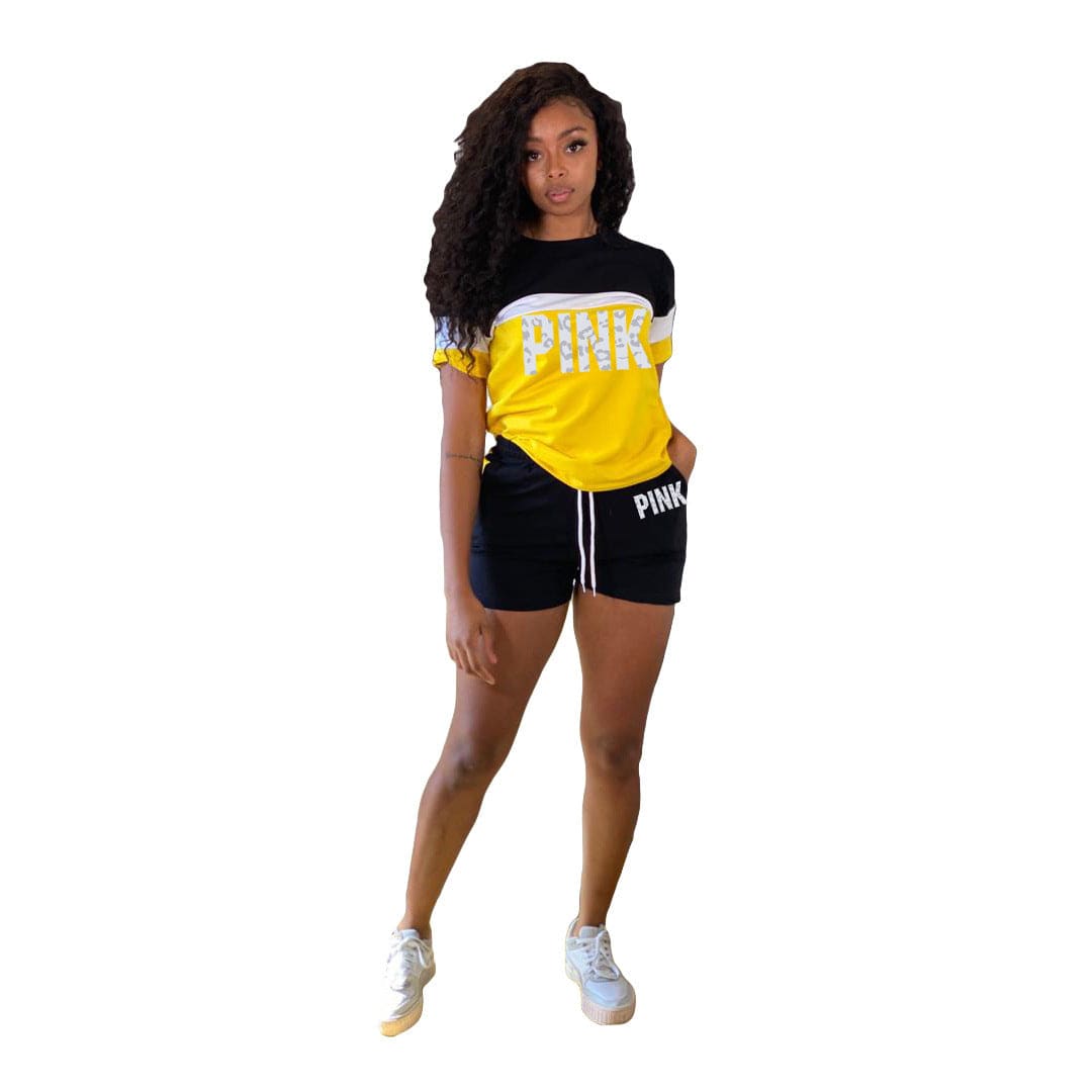 M / Yellow Z96136 Fashion Y2K Casual Letter Print summer short set womens two piece sets