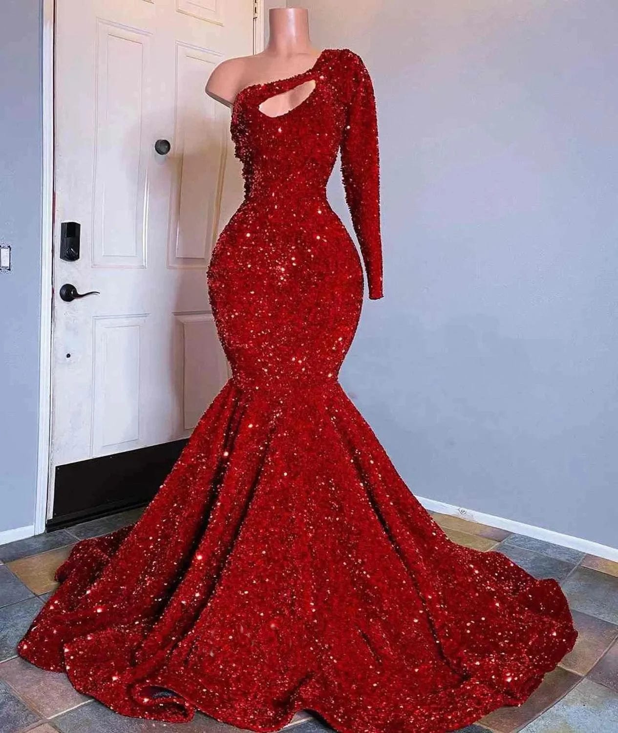 M / ZG23090807 red Ocstrade Sparkly  Long Train Dresses For Women Party Wedding Evening Off Shoulder Royal Blue Sequin Long Sleeves Prom Dress 2023