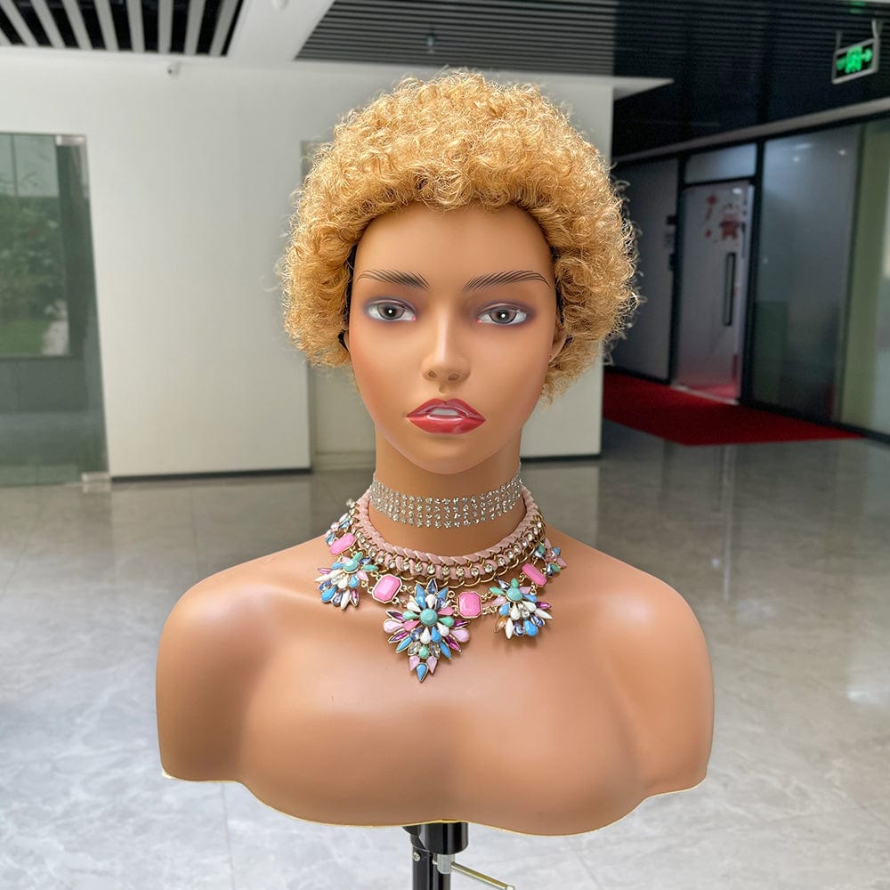 Machine Made Short Pixie Cut Lace Front Human Hair Wig Blond Curly Brazilian Bob Lace Frontal Pixie Curls Wig for Black Women