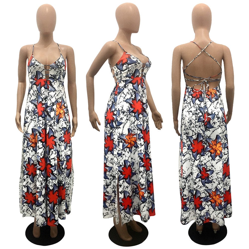 Maxi Dress Ladies Summer Digital Print Backless Straps Fashion Slit Swing Long Dress