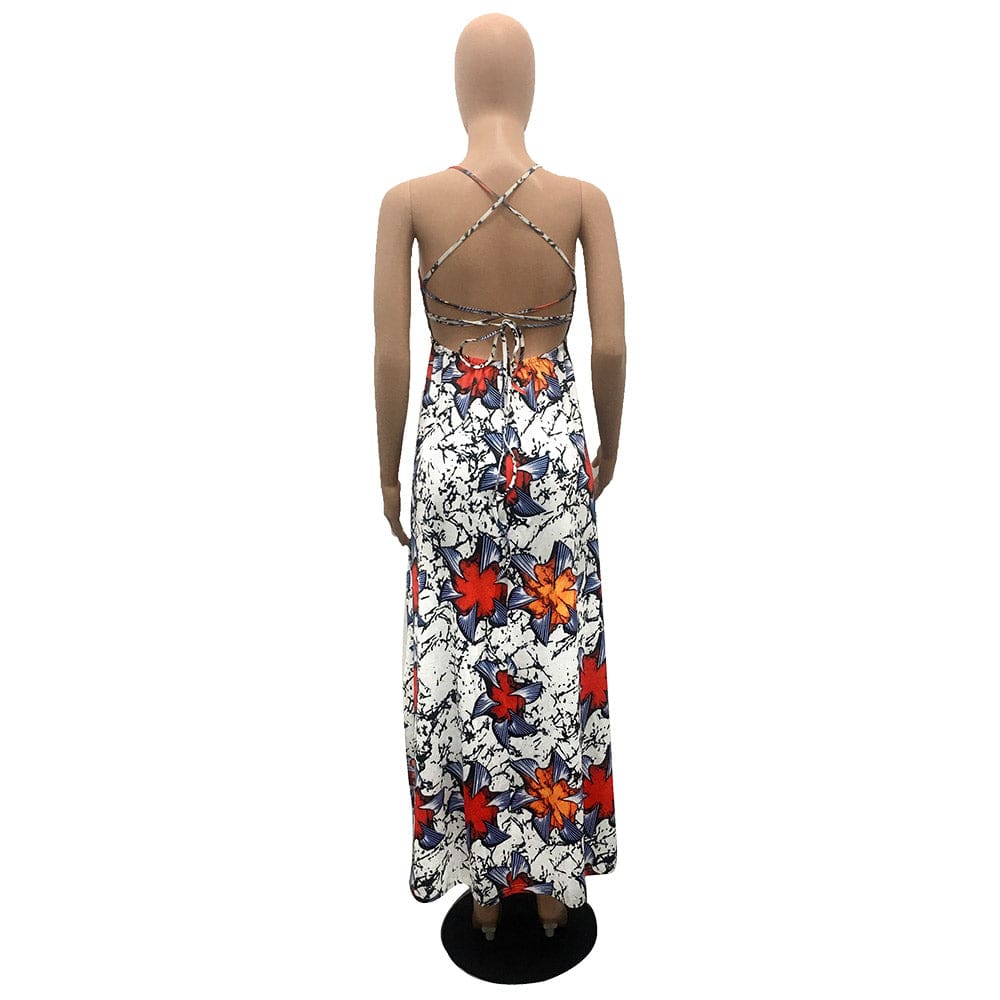 Maxi Dress Ladies Summer Digital Print Backless Straps Fashion Slit Swing Long Dress