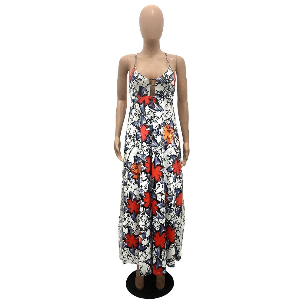 Maxi Dress Ladies Summer Digital Print Backless Straps Fashion Slit Swing Long Dress