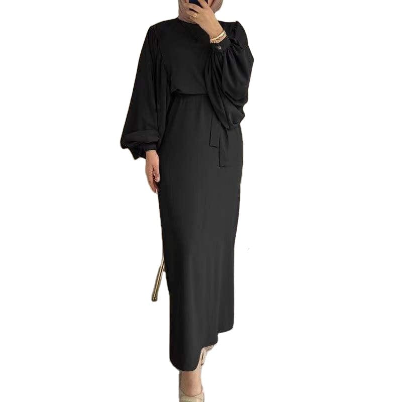 Maxi Dubai Abaya Robes Elegant Muslim Dress for Women Fashion Belted Party Solid Long Sleeve Turkey Plain Islamic Clothing Sets