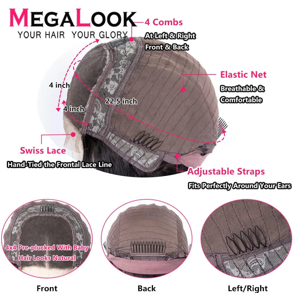 Megalook 100 Human Hair Lace Front Wigs,180% Density 4*4 Closure With Baby Hair Wigs For Black Women