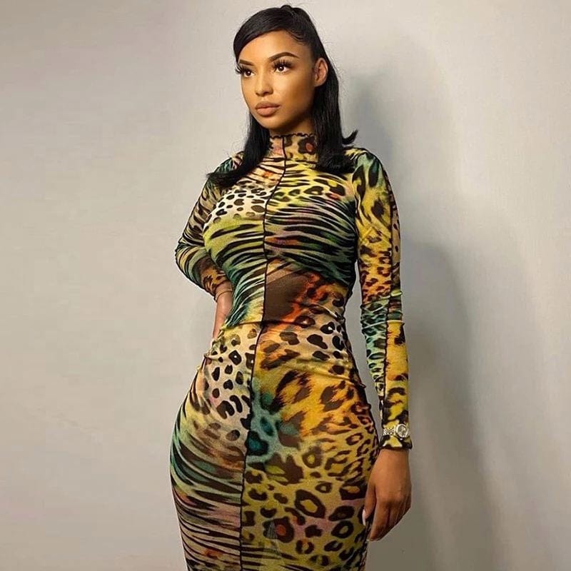 Mesh Leopard Pattern Print Maxi Dresses For Women Sexy See Through Ruffle Skinny Attractive Clubwear Party Clothing