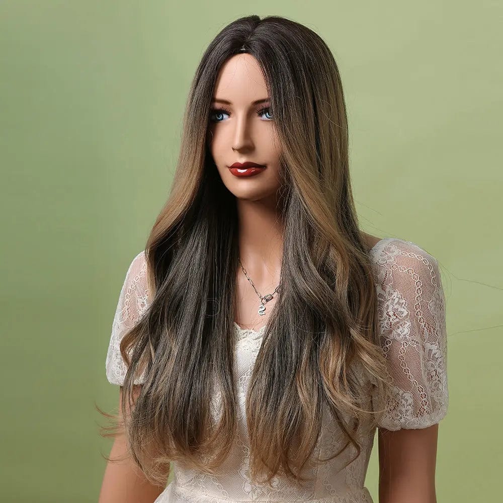 Middle Part Ombre Black Dark Brown Highlight Synthetic Wigs Heat Resistant Hair hair vendors wig